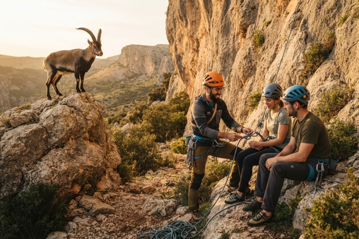 Grupo de escaladores practicando maniobras de cuerda con un instructor en una escuela de roca