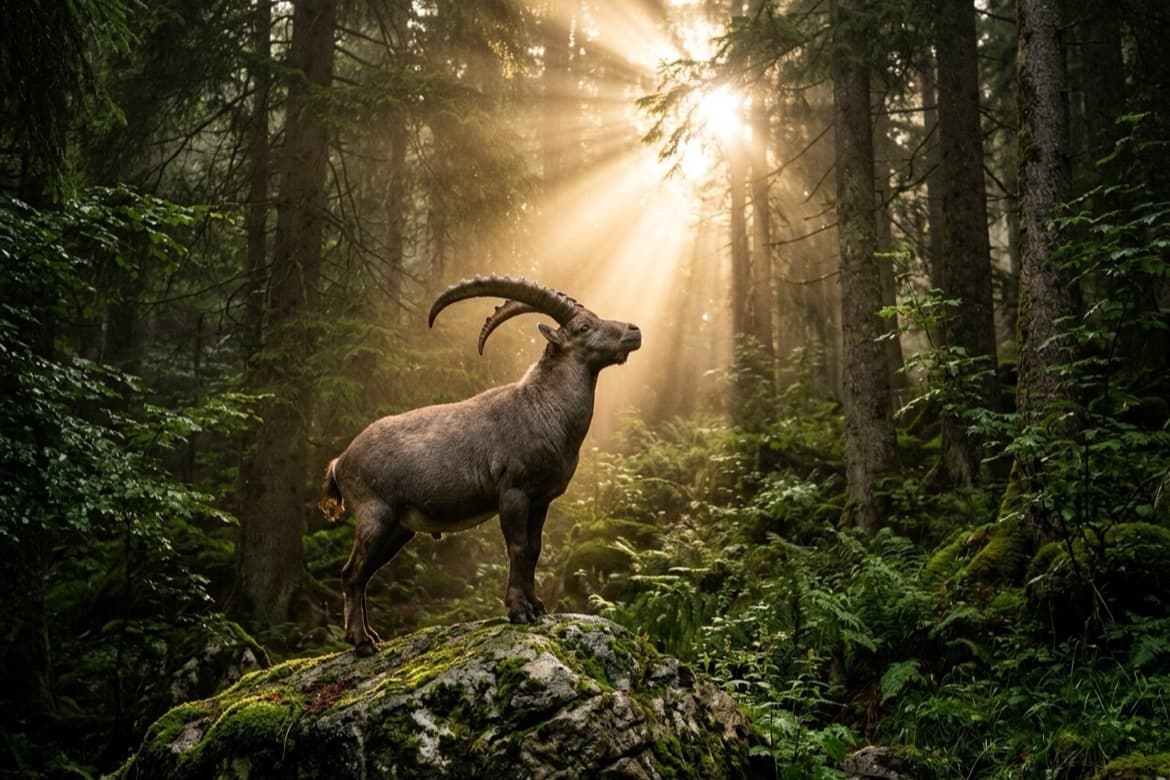 Cabra montesa sobre una roca en un bosque frondoso, mirando la luz del sol entre los árboles