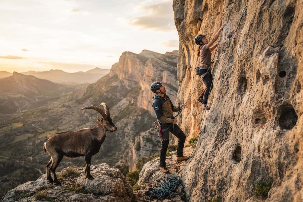 Escaladora asegurada por un guía en una vía de roca caliza al atardecer