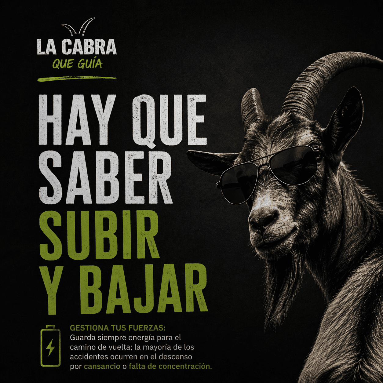 Ilustración de La Cabra Que Guía con gafas de sol junto al lema Hay que saber subir y bajar y el consejo Gestiona tus fuerzas
