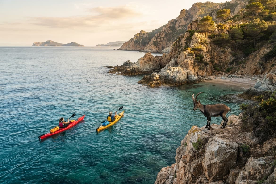 Kayaks de mar navegando junto a acantilados y calas de agua turquesa