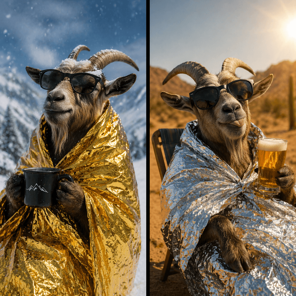 A la izquierda, una cabra envuelta en manta térmica con el lado dorado hacia fuera en ambiente nevado; a la derecha, con el lado plateado hacia fuera bajo el sol del desierto