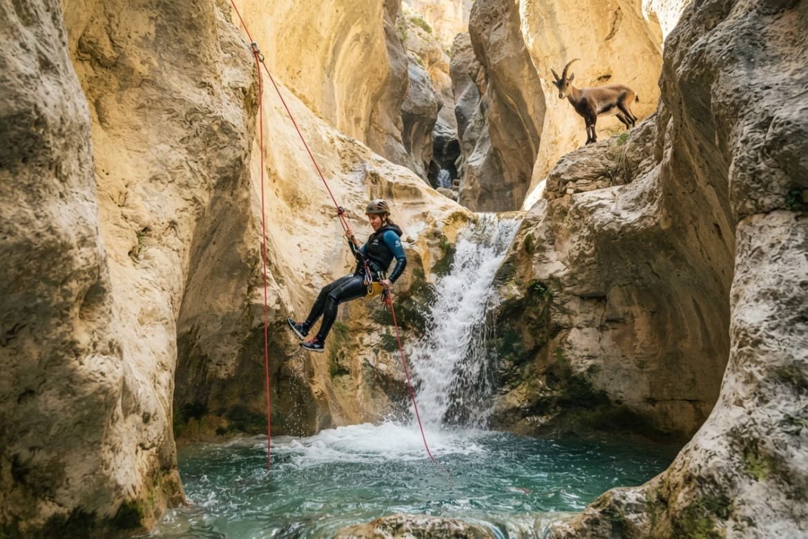 Barranquista rapelando por una cascada entre paredes estrechas de roca caliza en Sierra de Guara