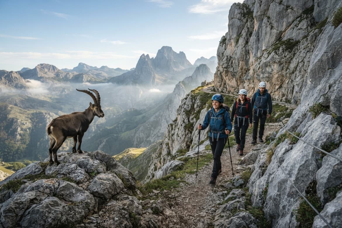Vista de las paredes calizas de los Picos de Europa con un sendero excavado en la roca