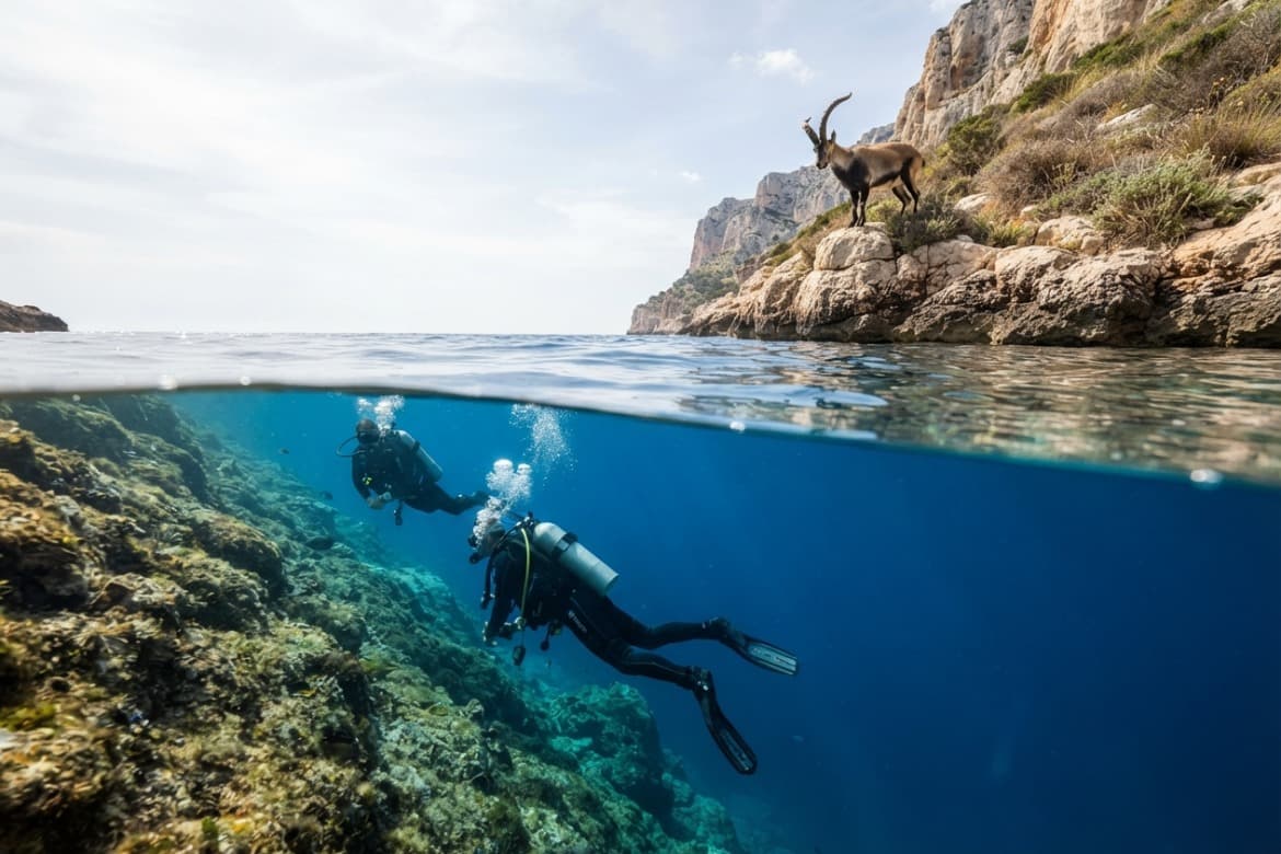 Buceador descendiendo junto a una pared de roca con visibilidad azul en el Mediterráneo