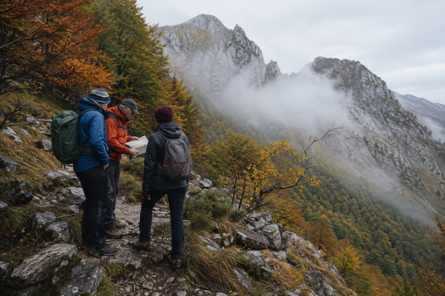 Guía y dos senderistas consultando un mapa entre bosque otoñal y niebla de montaña