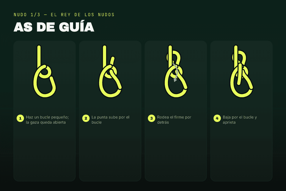 Diagrama en cuatro pasos del as de guía: bucle pequeño con la gaza abierta, la punta sube por el bucle, rodea el firme por detrás y baja por el bucle