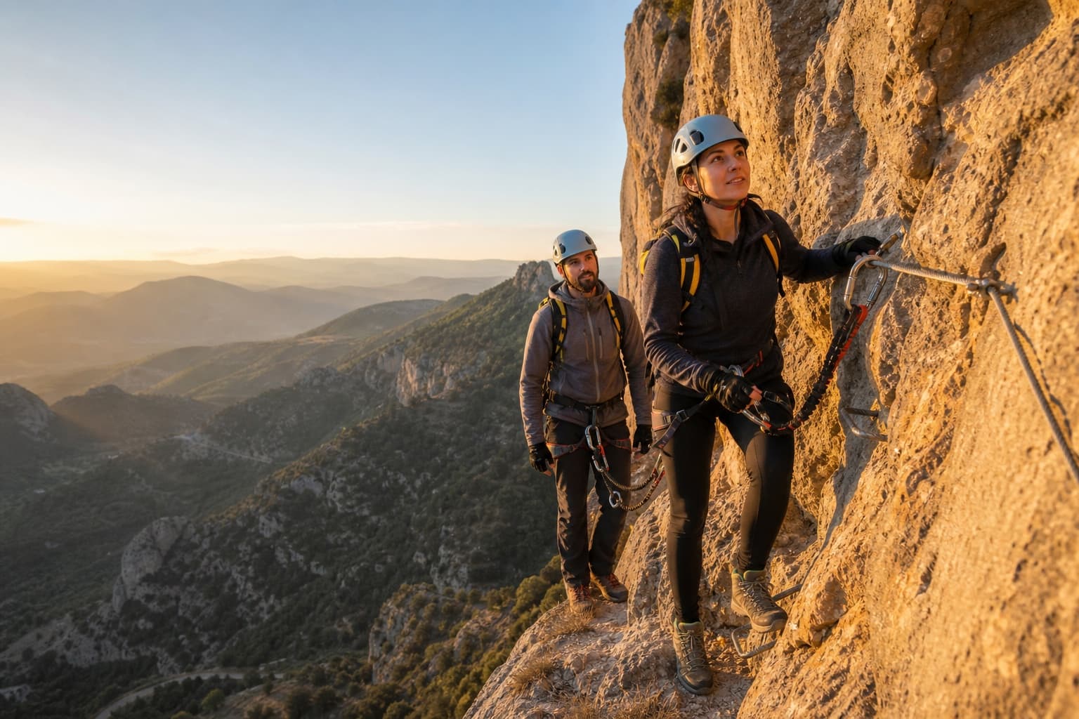 Guía de montaña acompañando a una persona en una vía ferrata de roca caliza